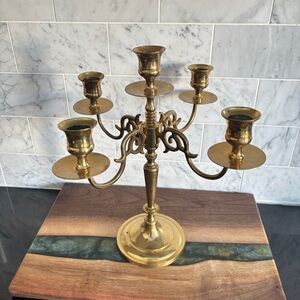 Vintage 11” Ornate Brass Scroll Style 5 Arm Candelabra